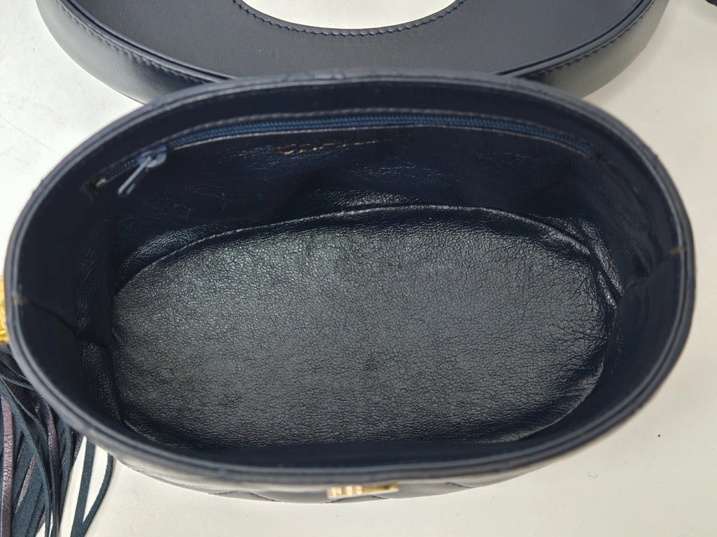 Chanel Diamond Vintage Tassel Vanity Case Shoulder Bag Crossbody Black Women
