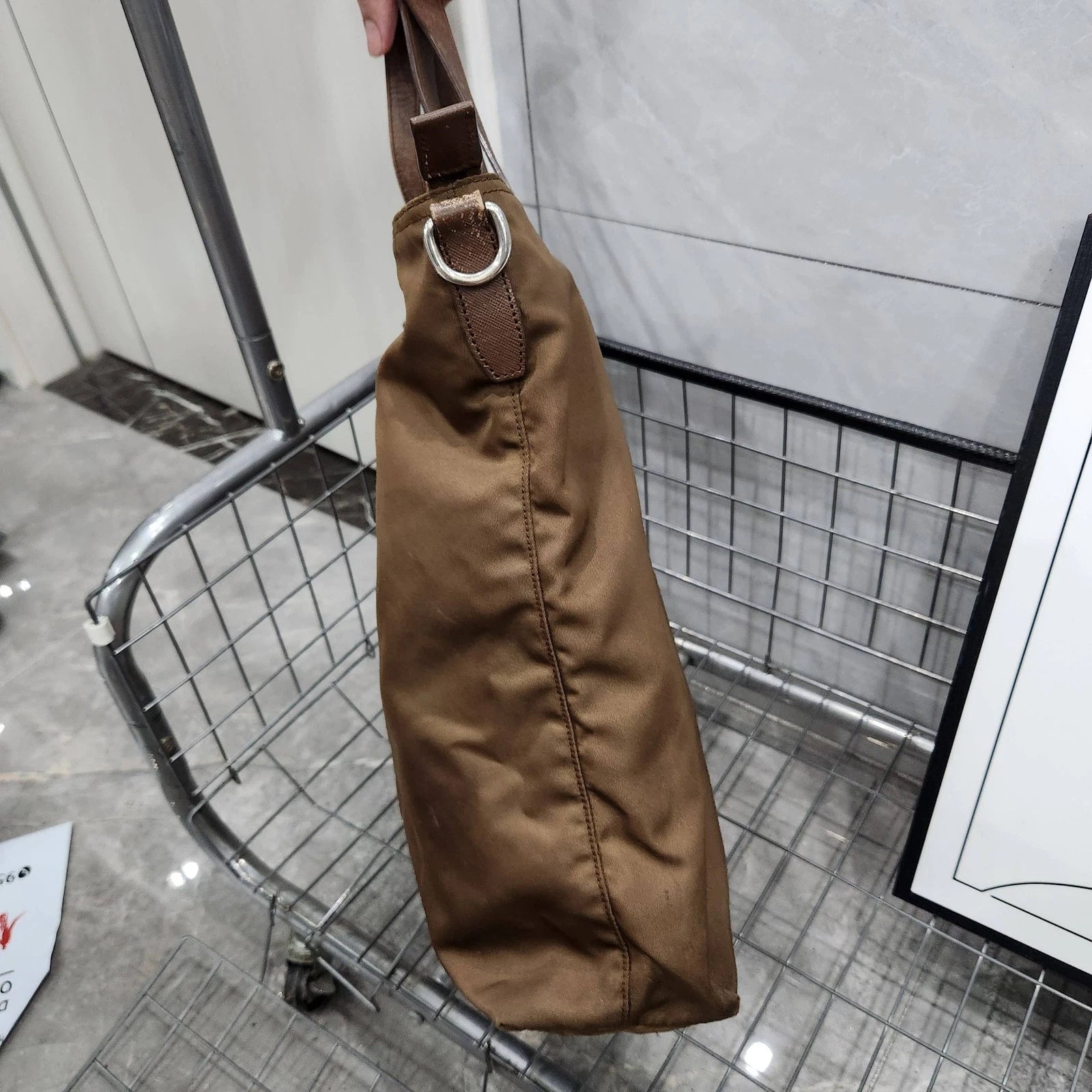 Prada Dark Brown Nylon Leather Tote Handbag For Women