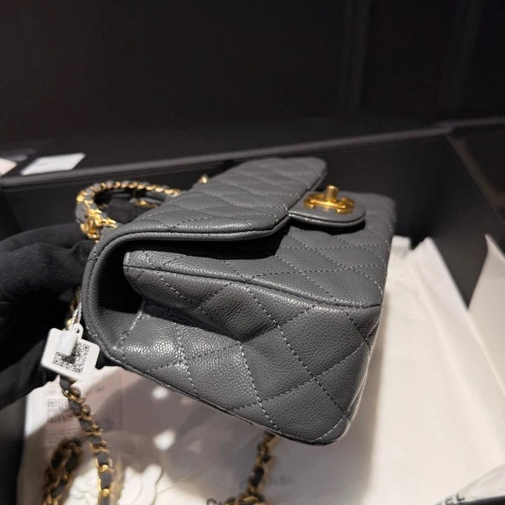 Chanel Classic Flap Mini CC Logo Calfskin Top Handle Shoulder Bag Gray Women D