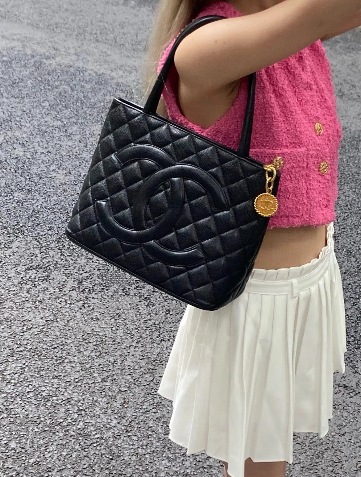Chanel Medallion Tote Black Gold Top Handle Bag Shoulder Bag Women Classic