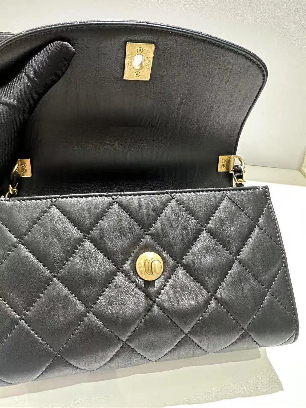 CHANEL Black Lambskin Top Handle Flap Bag For Women