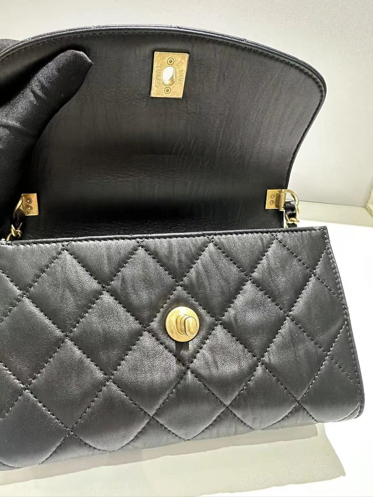 CHANEL Black Lambskin Top Handle Flap Bag For Women