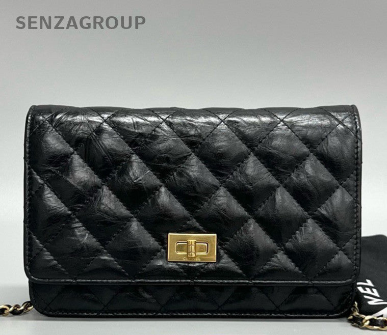 Chanel 2.55 WOC Chain Shoulder Bag Crossbody Black Gold Diamond Women Classic