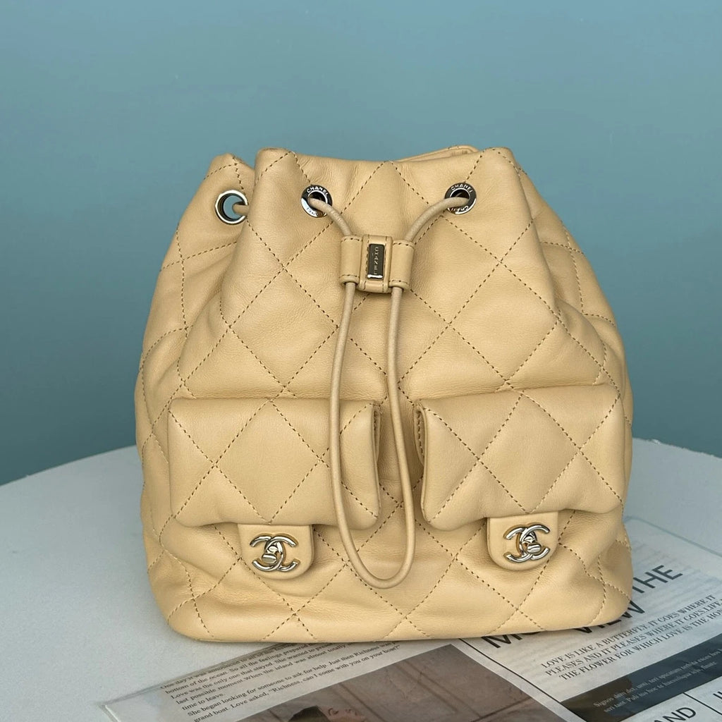 Chanel Diamond Chain Drawstring Backpack Beige Gold Used Women Classic