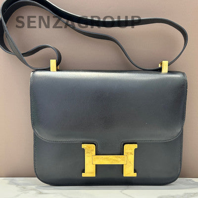 Vintage Hermes Box Leather Black Gold Shoulder Crossbody Bag Classic Women