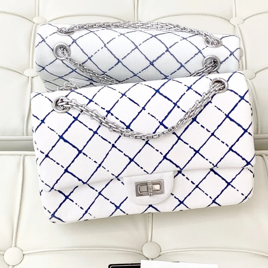 Chanel Denim Chain Diamond Shoulder Crossbody Bag White Silver Women S