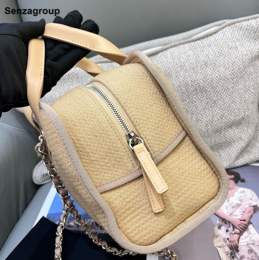 Chanel Bolide Beach Bag Chain Top Handle Shoulder Bag Beige Silver Women Classic