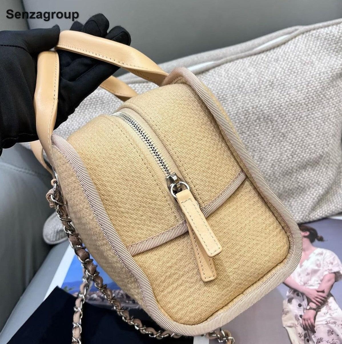 Chanel Bolide Beach Bag Chain Top Handle Shoulder Bag Beige Silver Women Classic