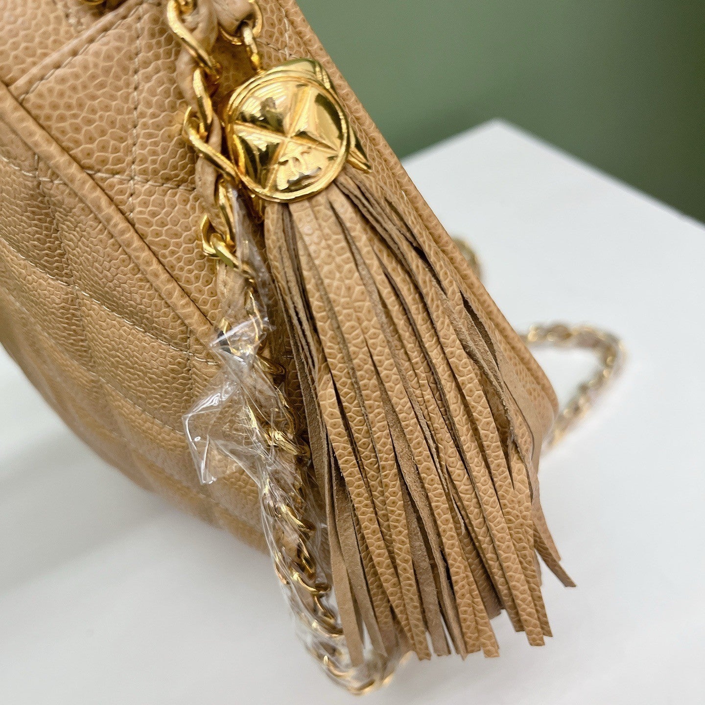 Chanel Diamond Tassel Camera Chain Shoulder Bag Beige Gold Used Women Classic