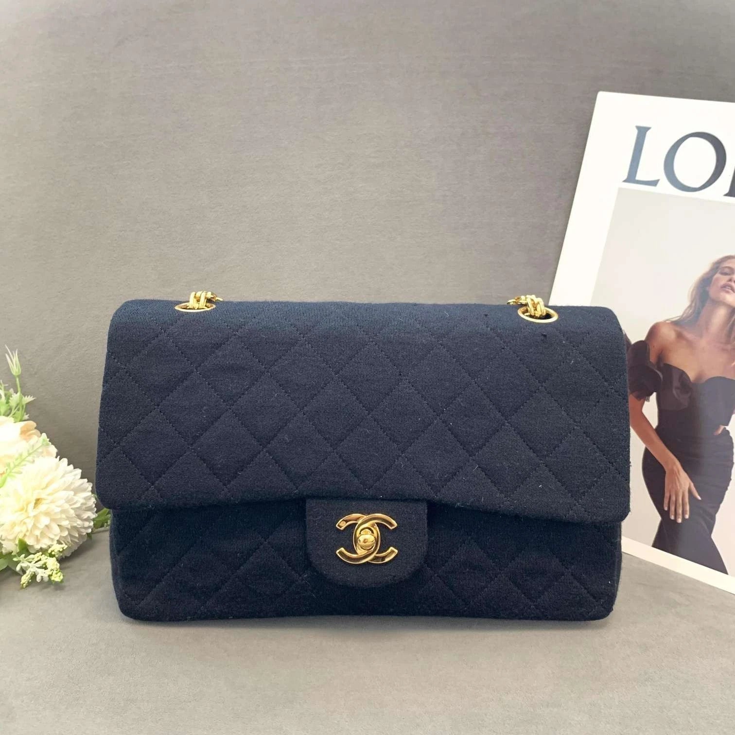CHANEL Black Gold Canvas CF Chain Shoulder Bag For Women