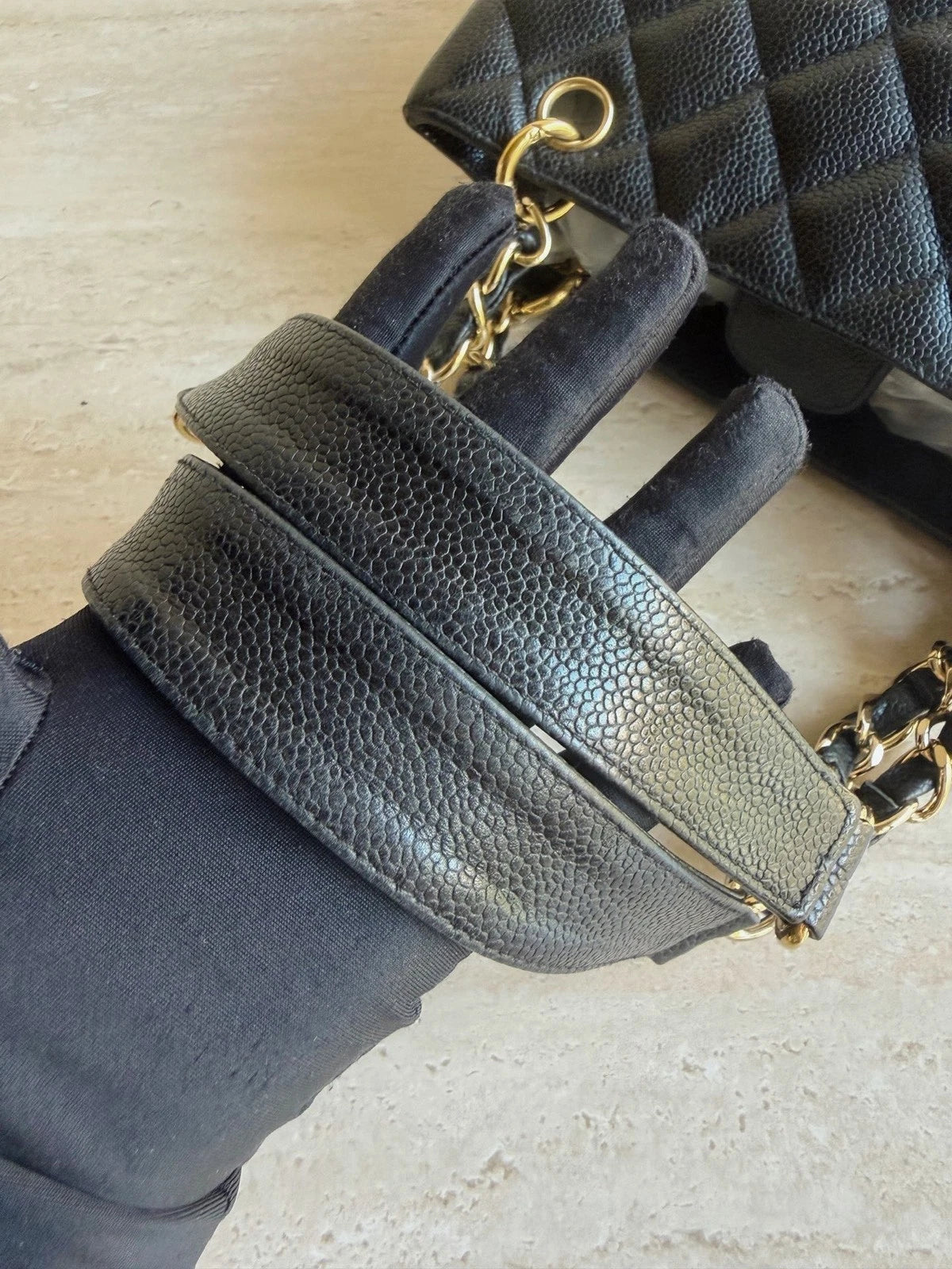 Chanel PST Calfskin Leather Black Tote Chain Shoulder Bag Diamond Gold Hardware