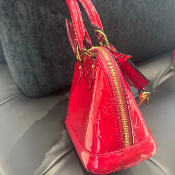 Louis Vuitton Alma BB Patent Top Handle Crossbody Red Gold Women Classic D