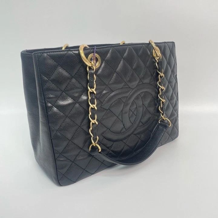 CHANEL GST Medium Black Gold Leather Tote Bag For Women