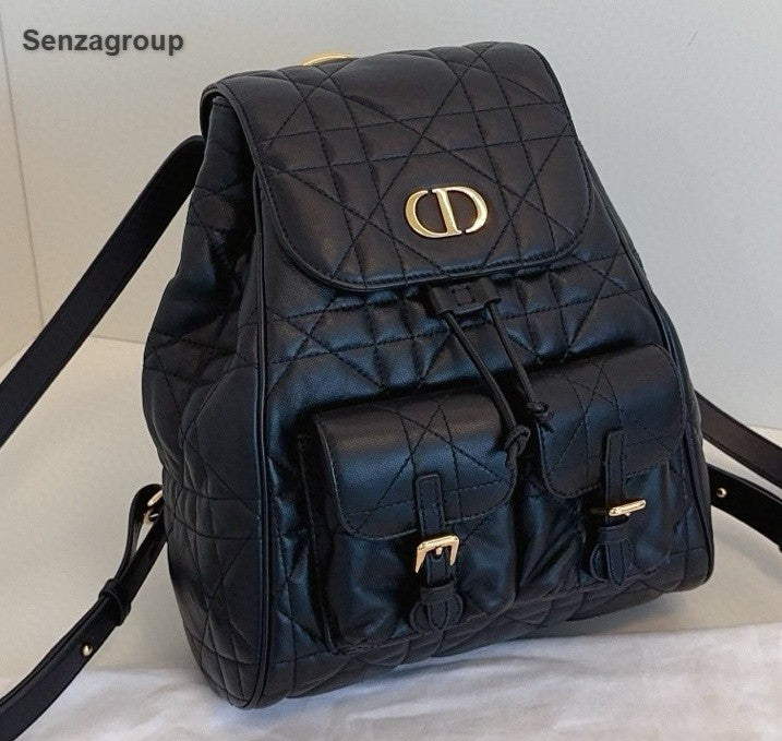 Christian Dior Caro MM Backpack Black Gold Used Women Classic Fashion
