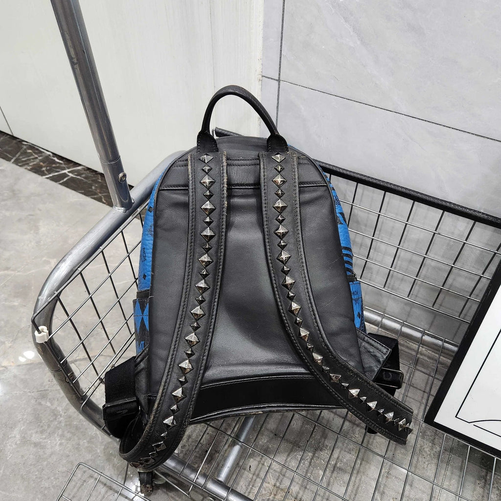MCM Canvas Coated Black Blue Graffiti Rivet Backpack for Women
