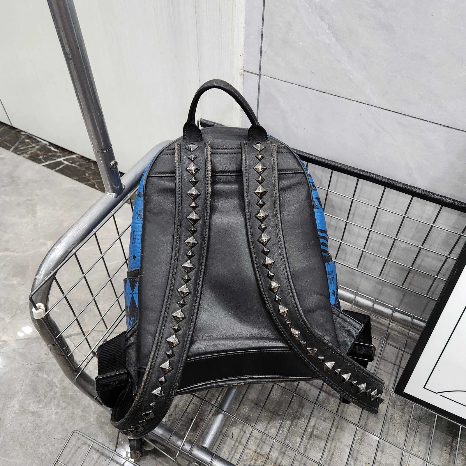 MCM Canvas Coated Black Blue Graffiti Rivet Backpack for Women