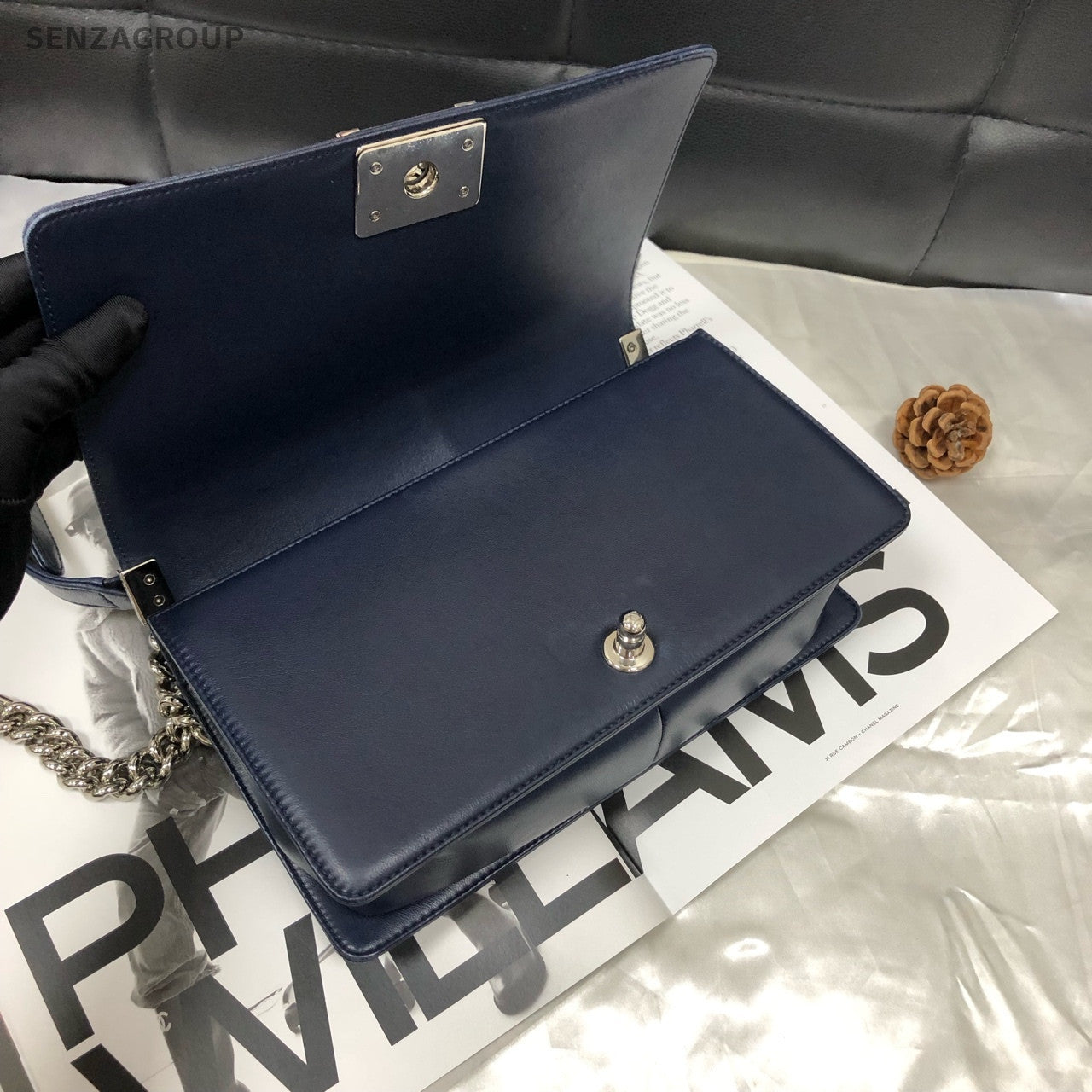 Chanel Lambskin Blue Silver Hardware Medium Boy Bag Chain Shoulder Crossbody