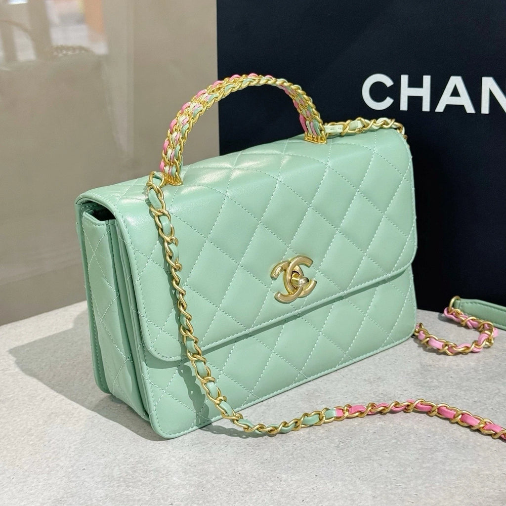 CHANEL Green Leather Top Handle Flap Crossbody Bag For Women