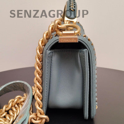 Chanel Le Boy Small Quilted Chain Shoulder Bag Blue Gold Classic Women