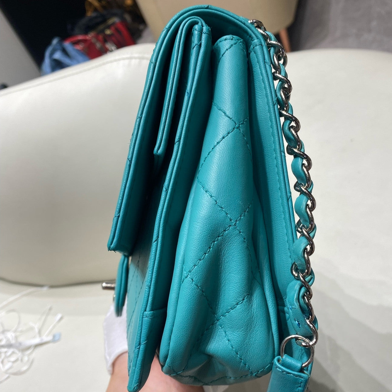 Chanel Classic Flap Quilted Chain Shoulder Bag Blue Silver