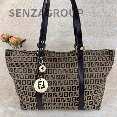 Vintage Fendi Monogram Tote Shoulder Bag Brown Gold Hardware Classic Women