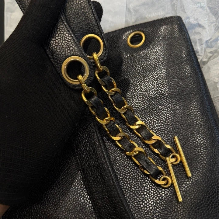 Chanel Calfskin Chain Shoulder Bag Black Gold Used Women Classic D
