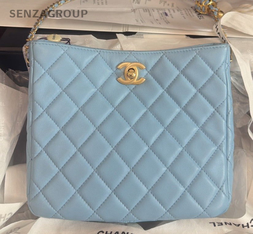 Chanel Diamond Hobo Bag Chain Shoulder Bag Crossbody Blue Gold Women Classic