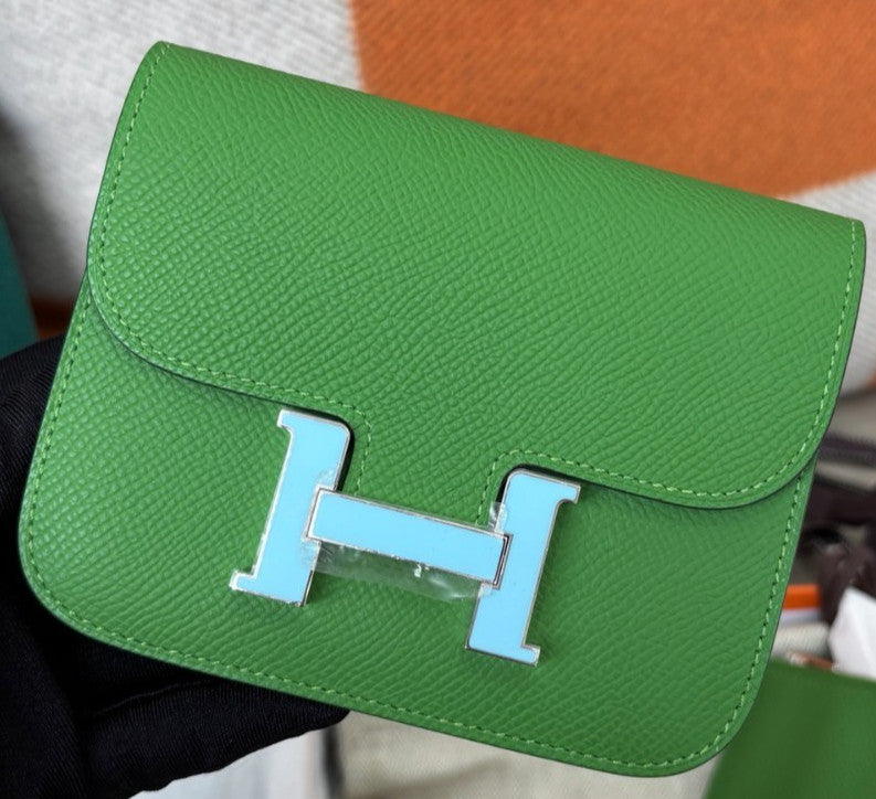 Hermes Constance Slim Epsom Leather Clutch Green Silver Women