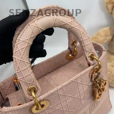 Dior Lady Dior Embroidered Handbag Pink Gold Classic Women's Bag