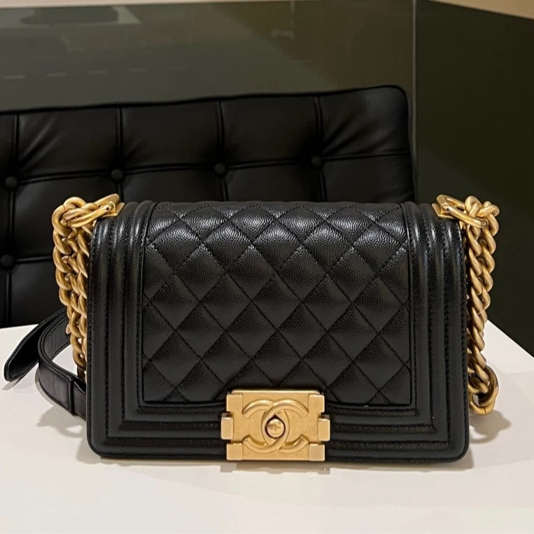 Auth Chanel Le Boy Small Black Caviar Leather Crossbody Bag
