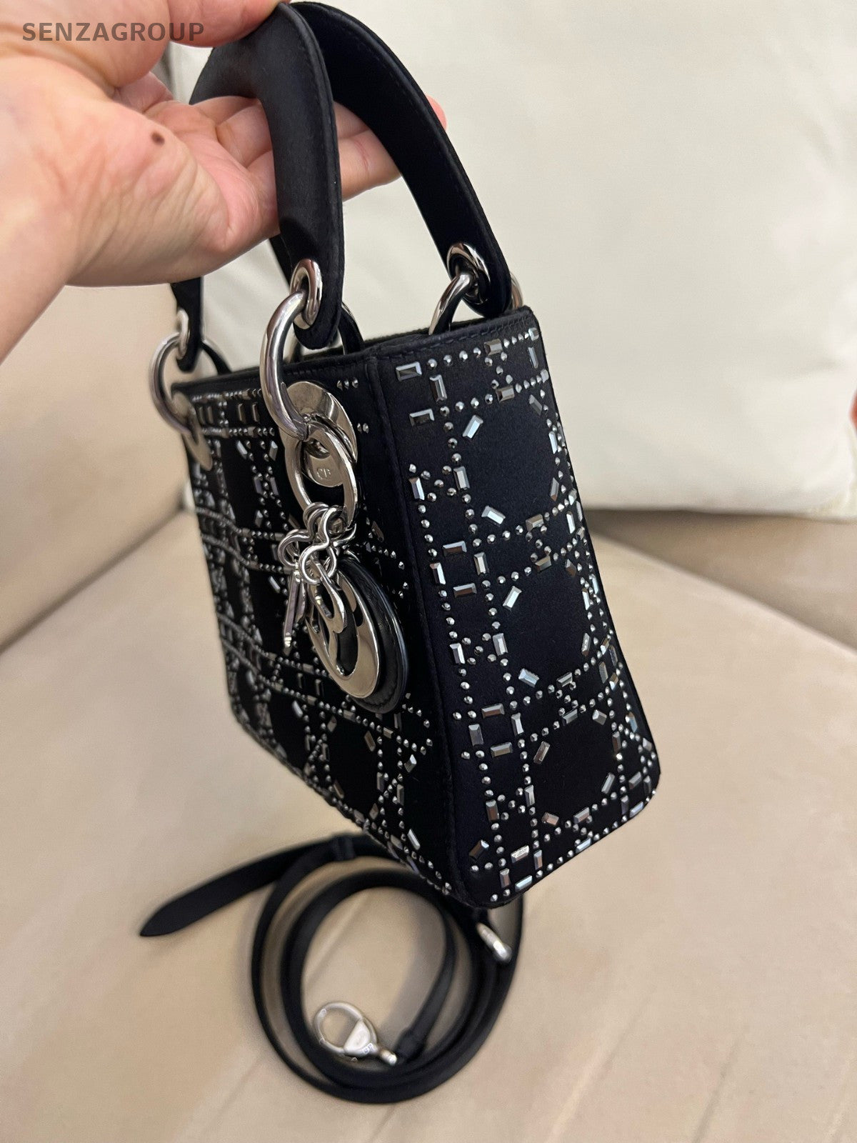 Christian Dior Lady mini Top Handle 2way Shoulder Handbag Satin crystal