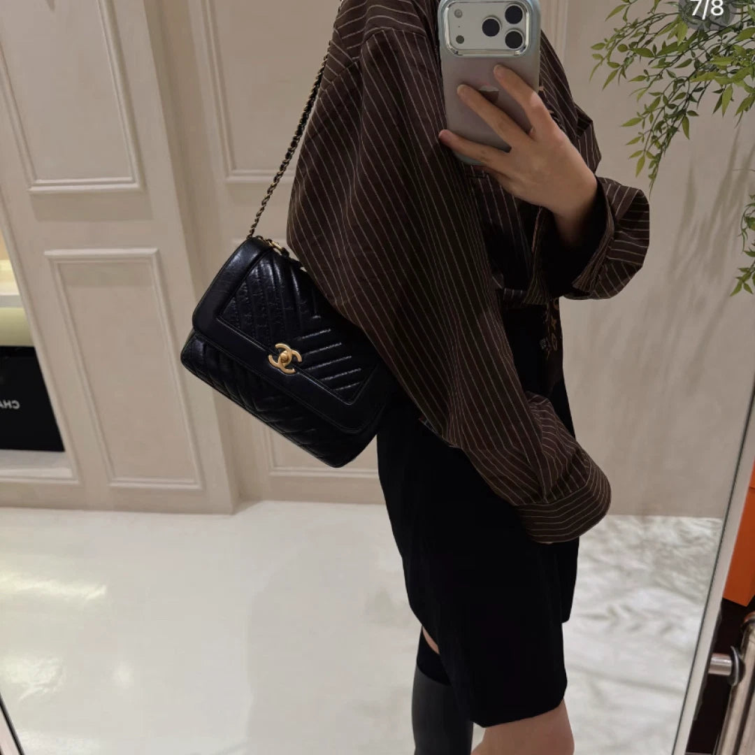 Chanel Calfskin Chevron Chain Crossbody Top Handle Bag Black Gold Women S