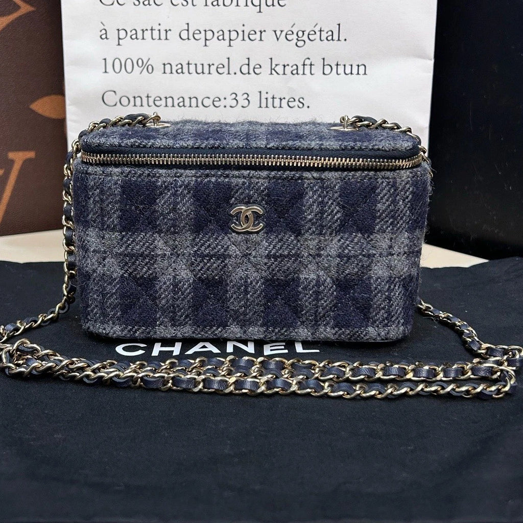 Chip Version Chanel Tweed Long Box Gold Chain Navy Shoulder bag Crossbody