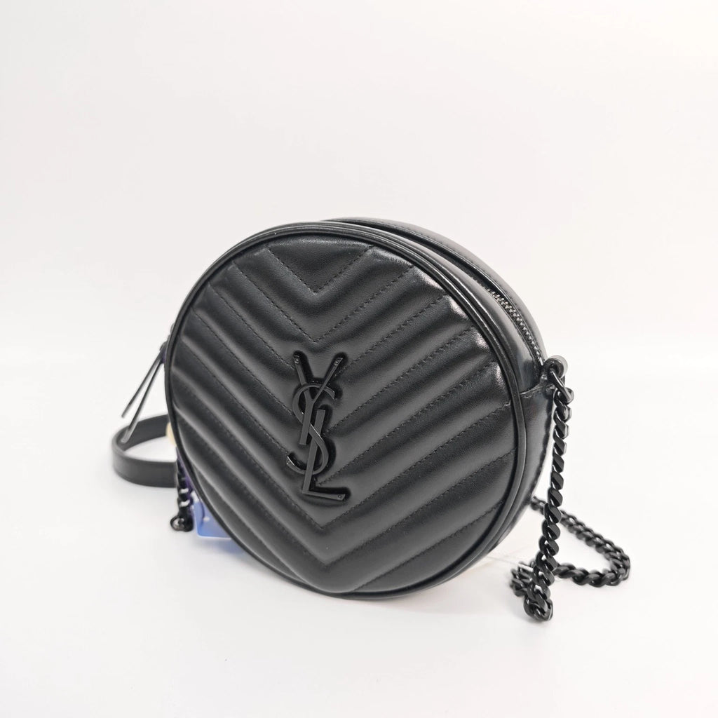 YSL Black Quilted Caviar Round Chain Crossbody Bag For Women