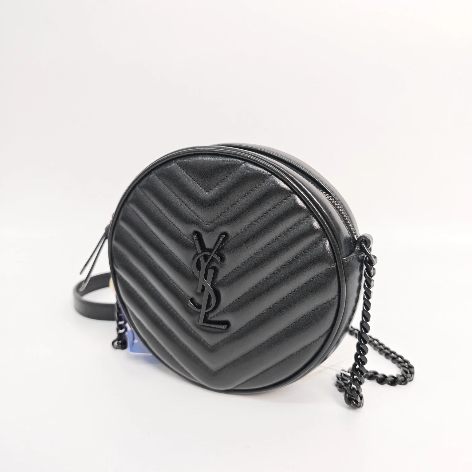 YSL Black Quilted Caviar Round Chain Crossbody Bag For Women