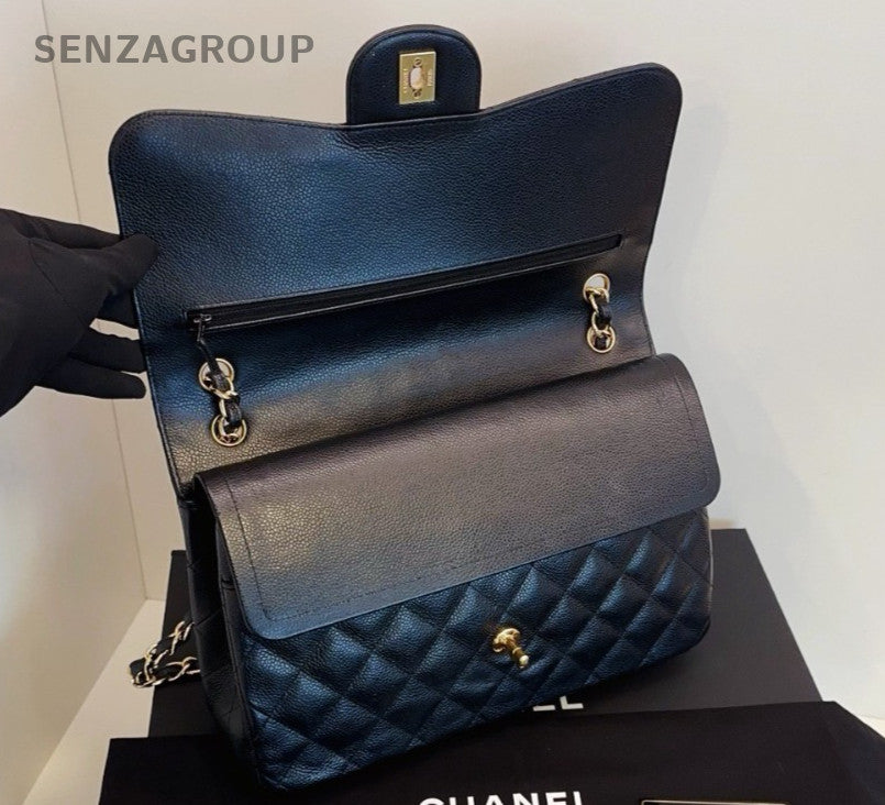 Chanel Classic Flap Jumbo Chain Shoulder Bag Black Gold Diamond Women Fashion