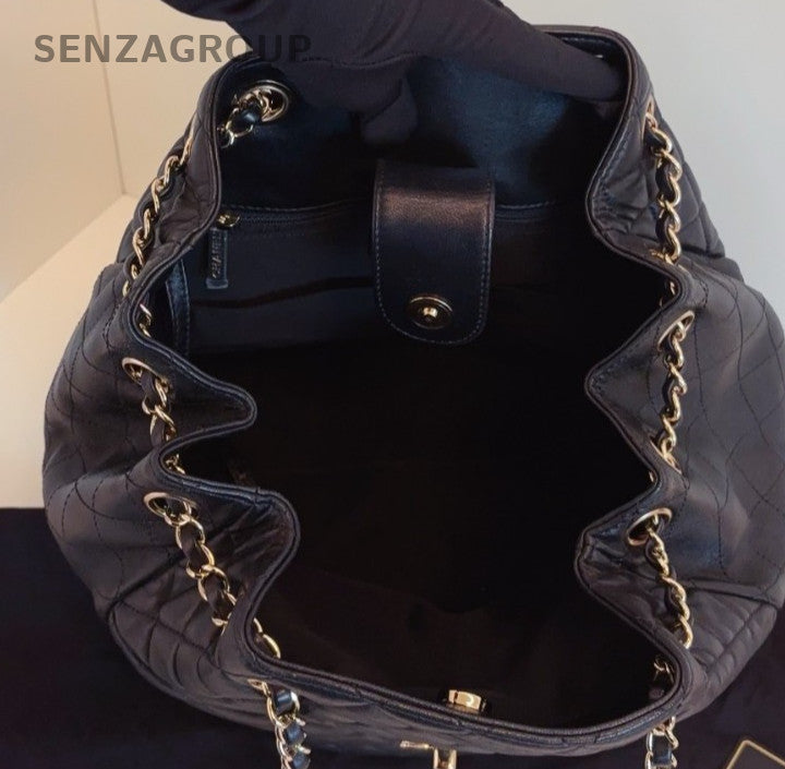 Chanel Diamond Chain Bucket Shoulder Bag Crossbody Black Gold Women Classic