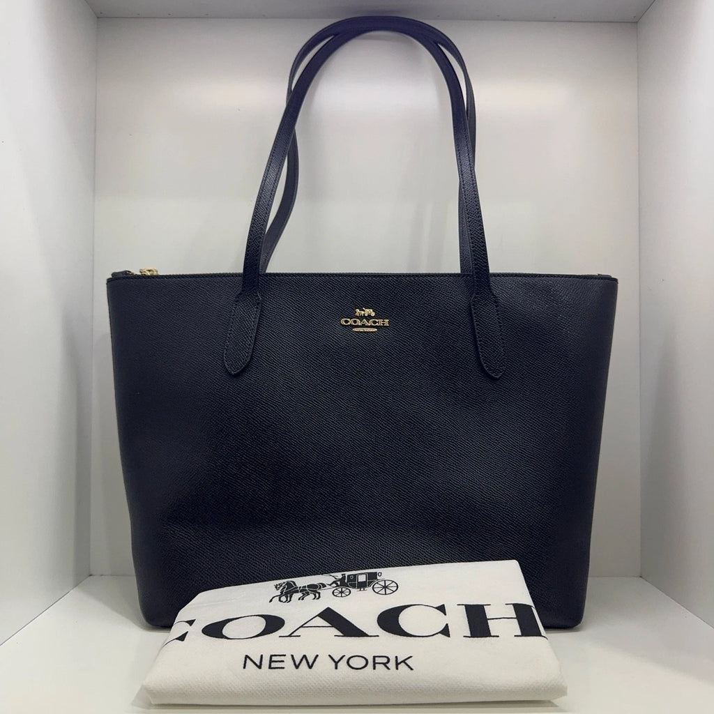 Coach Solid Leather Zip Top Tote Shoulder Handbag For Women