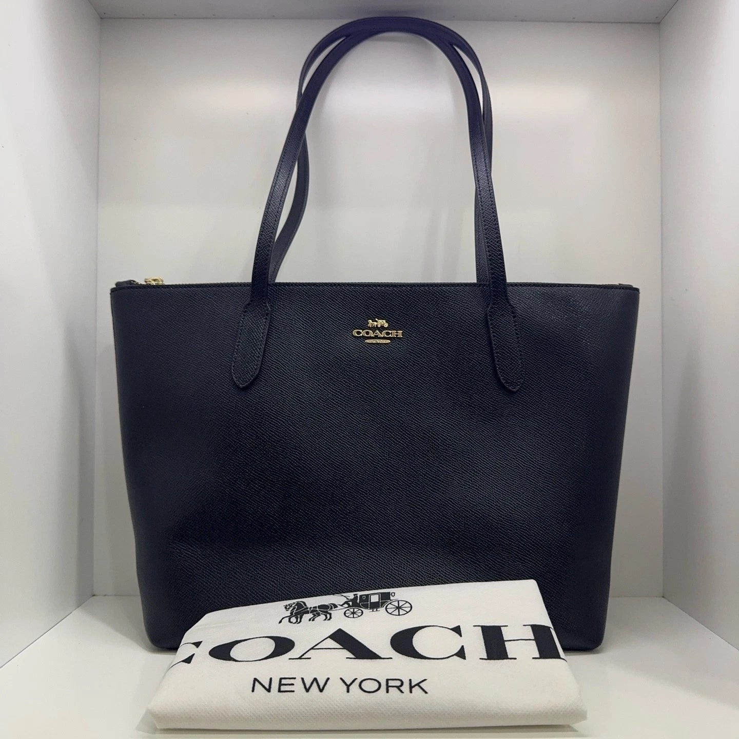 Coach Solid Leather Zip Top Tote Shoulder Handbag For Women