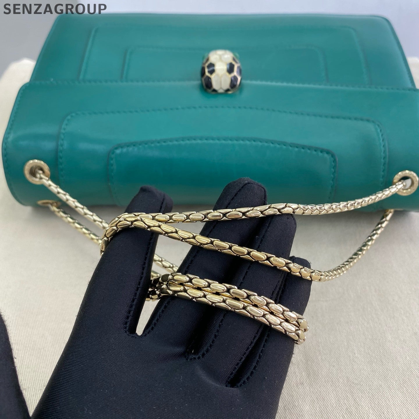 Bvlgari Serpenti Forever Medium Chain Shoulder Bag Green Gold Classic Women