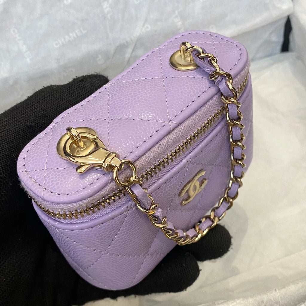 Chanel Vanity Case Chain Top Handle Bag Purple Gold Diamond Women Classic