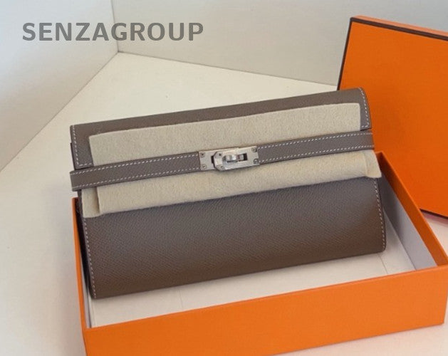 Hermes kelly Epsom Leather long Wallet Crossbody Gray Silver Women Classic