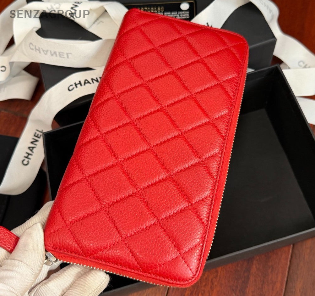 Chanel Diamond Long Wallet Clutch Red Silver Used Women Classic