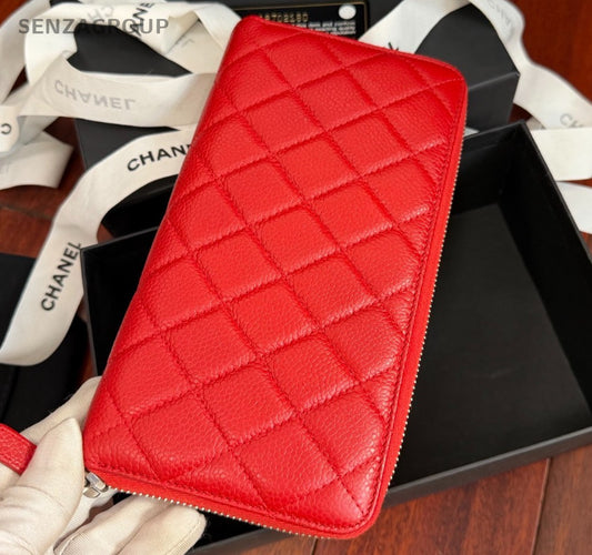 Chanel Diamond Long Wallet Clutch Red Silver Used Women Classic