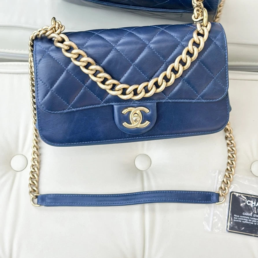 Chanel Diamond PM Chain Top Handle Bag Crossbody Navy Gold Women Classic S