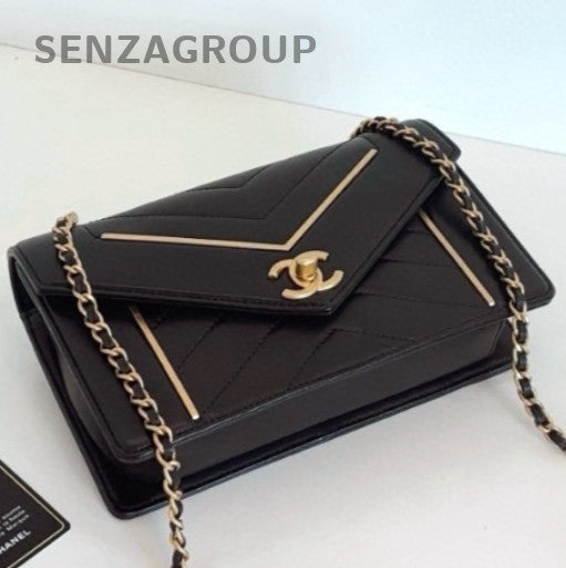 Chanel Chevron Mini Chain Shoulder Bag Crossbody Black Gold Women Classic