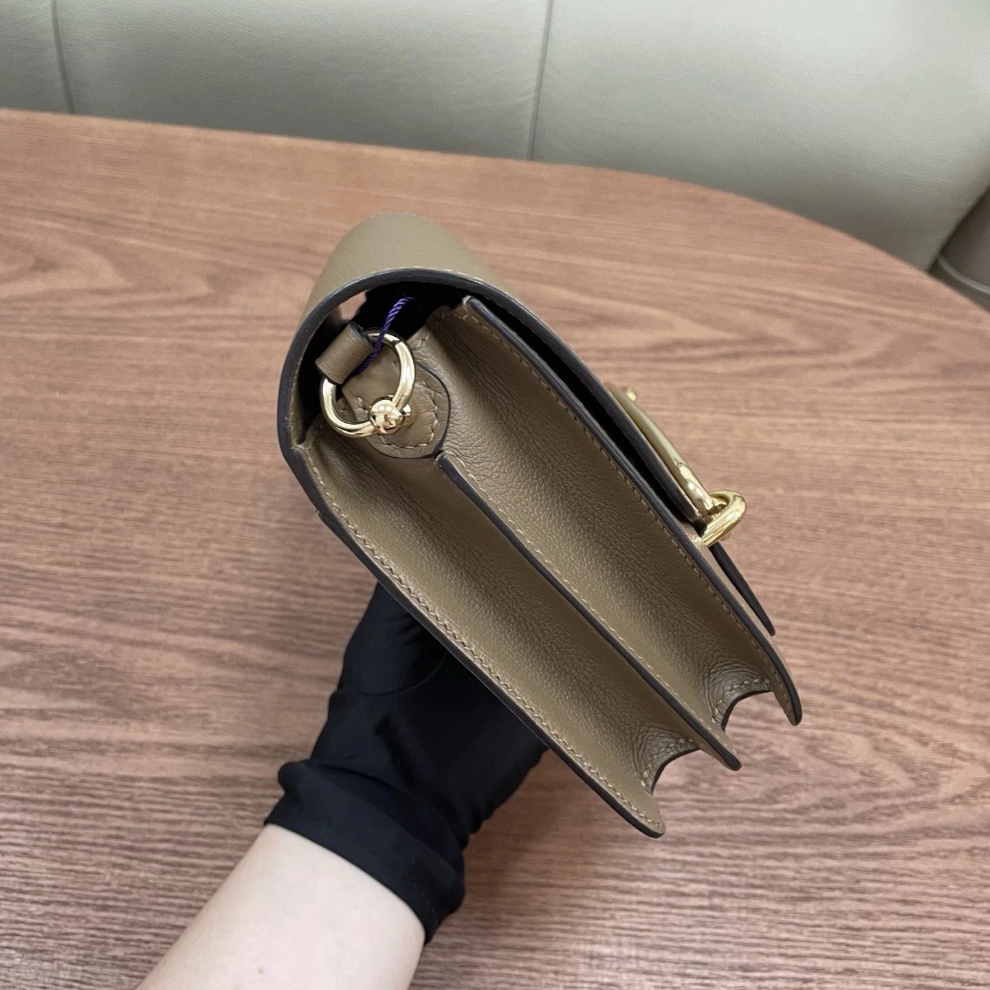Hermes Roulis19 Evercolor Leather Shoulder Crossbody Gray Gold Women Classic