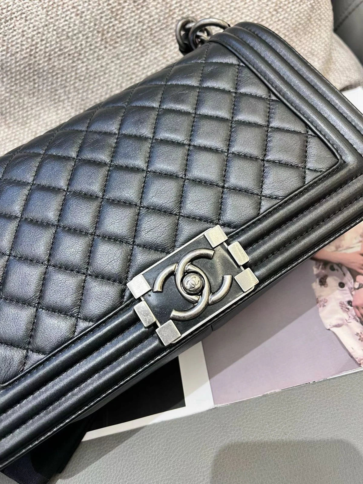Chanel Leboy MM Calfskin Chain Shoulder Crossbody Black Silver Women Classic