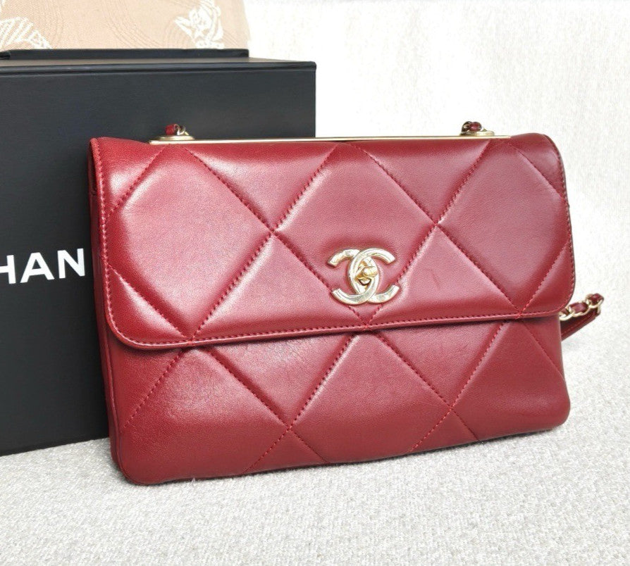 Chanel Trendy CC Lambskin Shoulder Bag Red Gold Diamond Women Classic Fashion