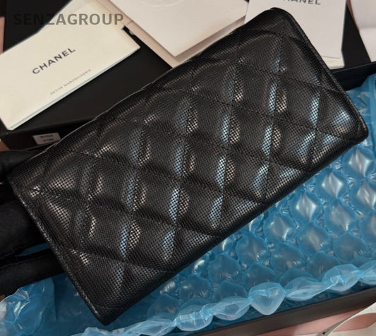 Chanel Diamond Pattern Long Wallet Black Gold Women Classic